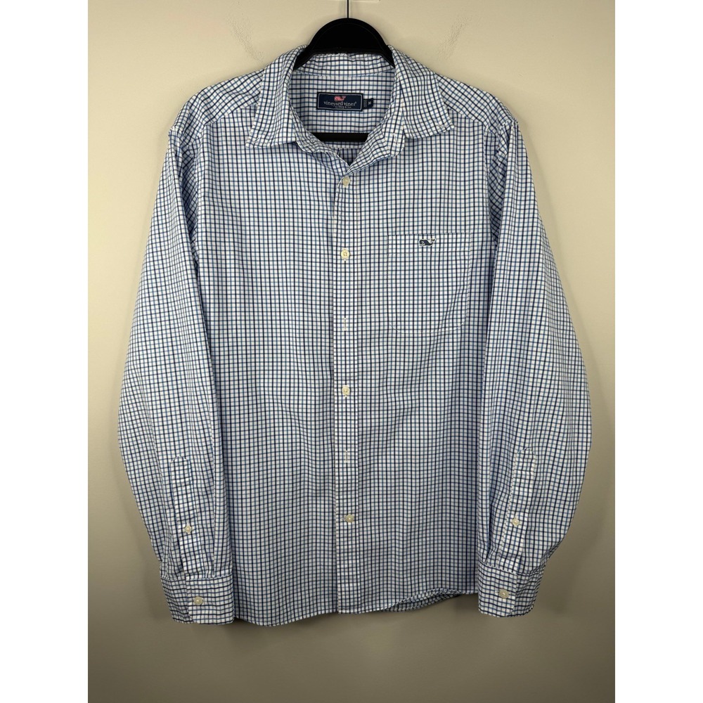 Vineyard Vines Mens M Blue White Tattersall Check Button Down Shirt Stretch